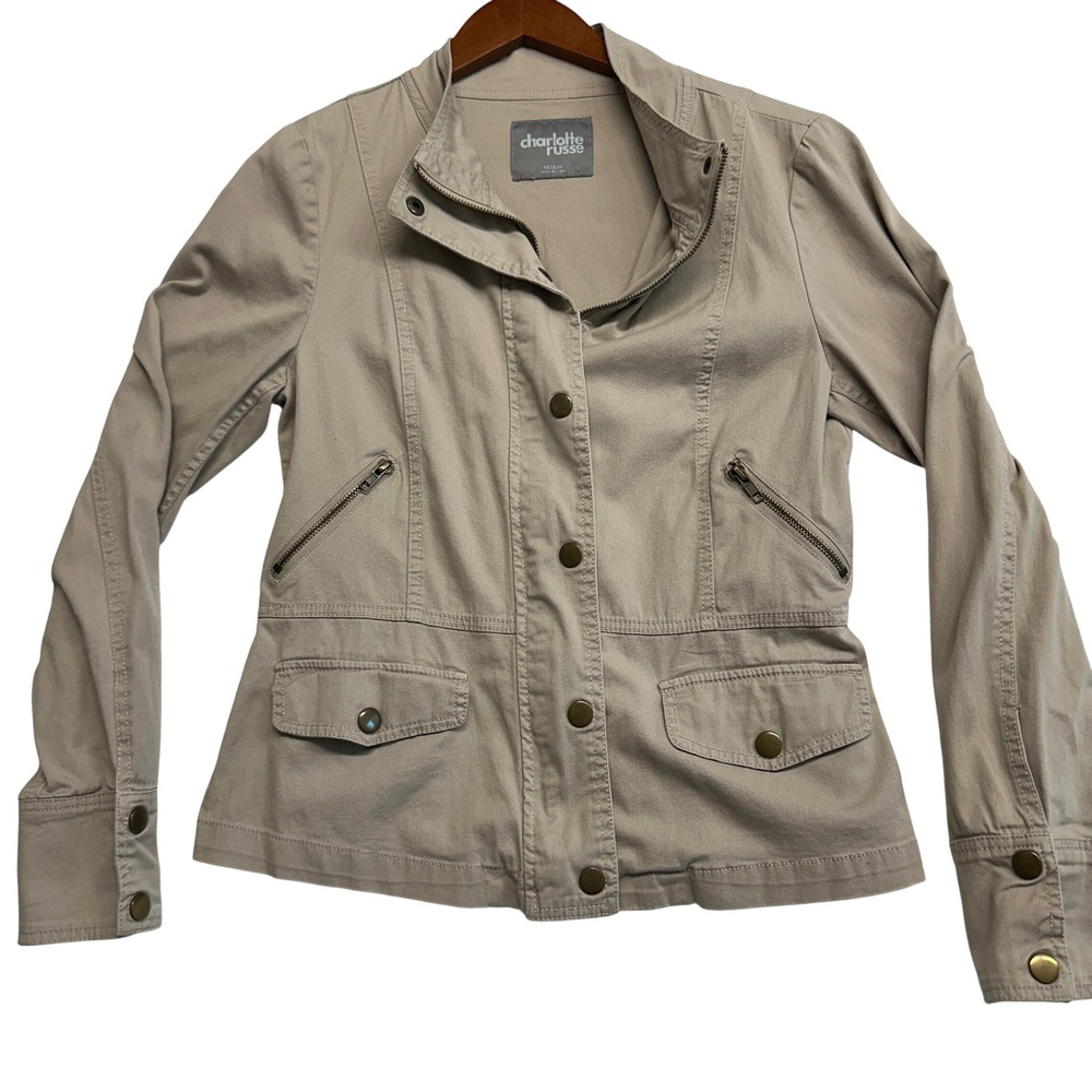 Charlotte Russe Womens Tan Khaki Utility Jacket Mock Neck Cotton Blend Size M